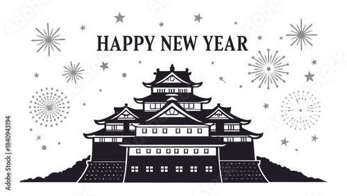 Happy New Year celebration with traditional Japanese castle and fireworks