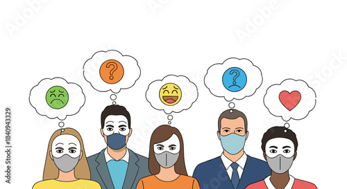 People in face masks with thought bubbles displaying various emotions and questions.