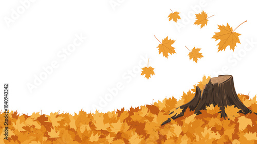 Autumn Forest Scene with Falling Leaves and Tree Stump