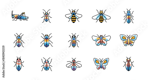 A vibrant collection of stylized line art insect icons, featuring diverse bugs like beetles, bees, grasshoppers, and butterflies, on a white background.