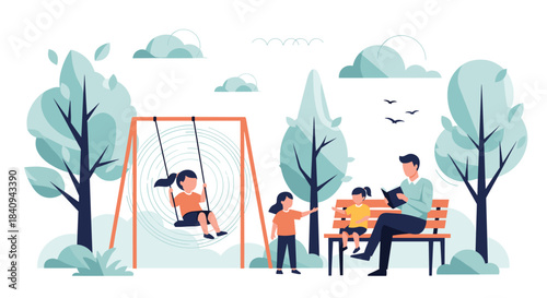 A man reads a book to a child on a bench while other children play on a swing and interact in a serene park setting.