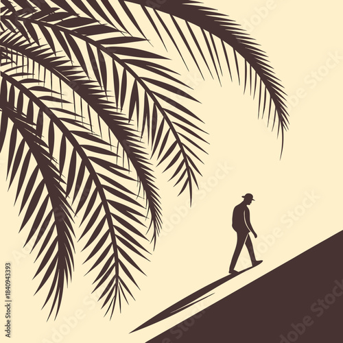 Silhouette of a man and woman couple walking on a tropical beach at sunset with a palm tree vector illustration
