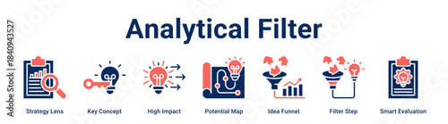 Analytical Filter web banner icon vector illustration concept for business with icon of Strategy Lens, Key Concept, High Impact, Potential Map, Idea Funnel, Filter Step.