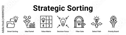 Strategic Sorting web banner icon vector illustration concept for business with icon of Smart Sorting, Idea Funnel, Value Matrix, Decision Focus, Filter Gate, Select Path.