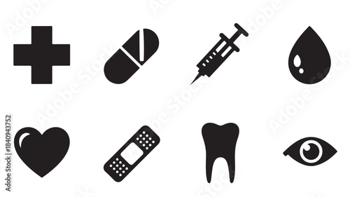 Set of black health and medical icons minimalist flat vector design elements for web and mobile apps isolated on white background.