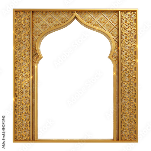 Golden Islamic Archway with Intricate Patterns and Sparkles gateway entrance isolated on a transparent background