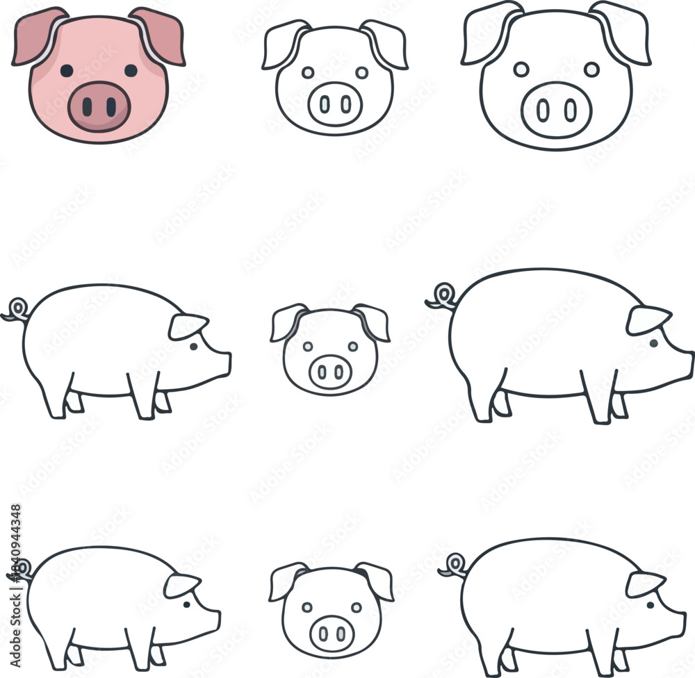 Fototapeta premium Set of 9 Pig and Pig Head Outline Vector Illustrations