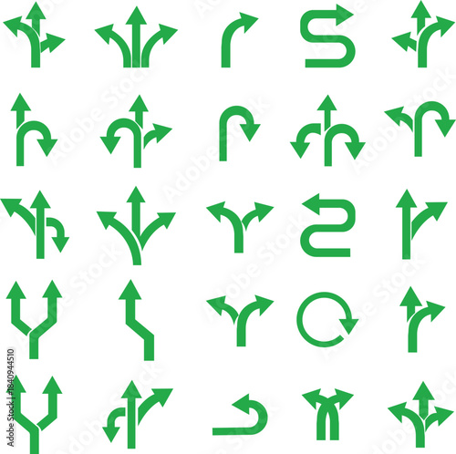 Way Direction Arrow Sign Icon set. Road navigation arrows. Driving direction mark, location point crossroad. Way direction arrow sign. Vector illustration. Traffic way icon isolated Road arrow.