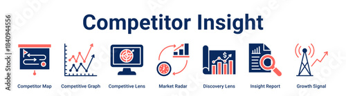 Competitor Insight web banner icon vector illustration concept for business with icon of Competitor Map, Competitive Graph, Competitive Lens, Market Radar, Discovery Lens, Insight Report.