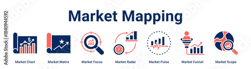 Market Mapping web banner icon vector illustration concept for business with icon of Market Chart, Market Matrix, Market Focus, Market Radar, Market Pulse, Market Funnel.