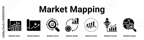 Market Mapping web banner icon vector illustration concept for business with icon of Market Chart, Market Matrix, Market Focus, Market Radar, Market Pulse, Market Funnel.