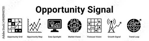 Opportunity Signal web banner icon vector illustration concept for business with icon of Opportunity Grid, Opportunity Map, Data Spotlight, Market Vision, Forecast Vision, Growth Signal.