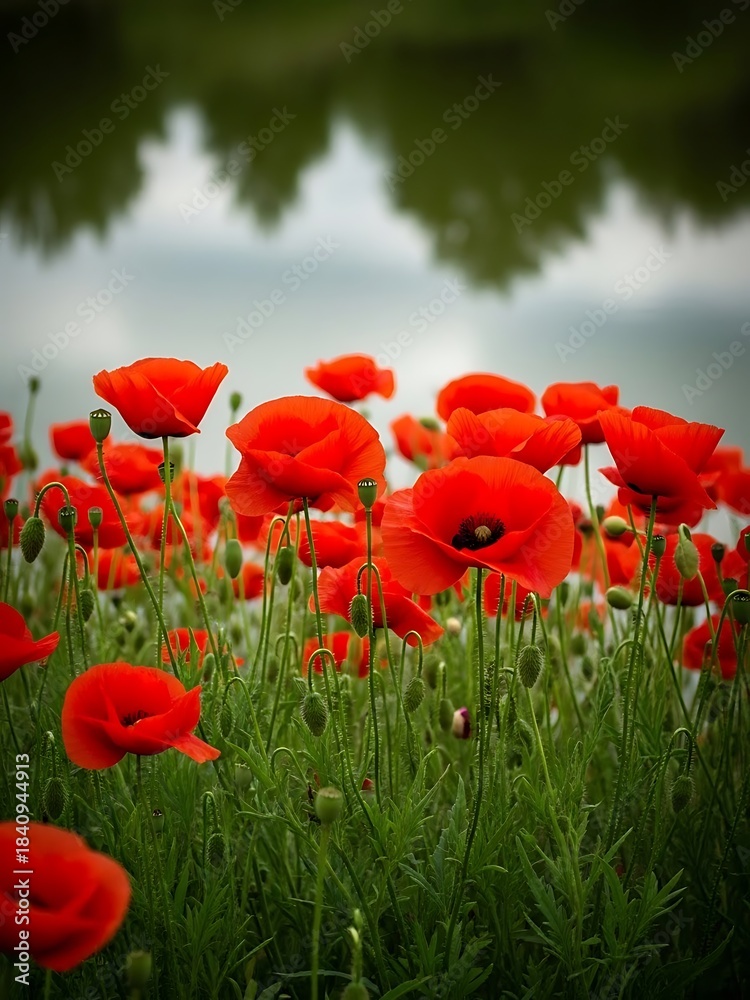 Obraz premium Vibrant red poppies bloom beside tranquil water reflection