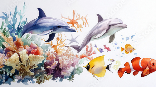 Fototapeta Naklejka Na Ścianę i Meble -  Colorful dolphins swim among vibrant coral reefs, surrounded by various fish species, creating lively underwater scene full of life and beauty