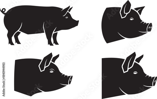 Set of 4 Black Pig Silhouettes Vector