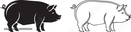 Set of 2 Pig Icons Vector: Black Silhouette and Outline