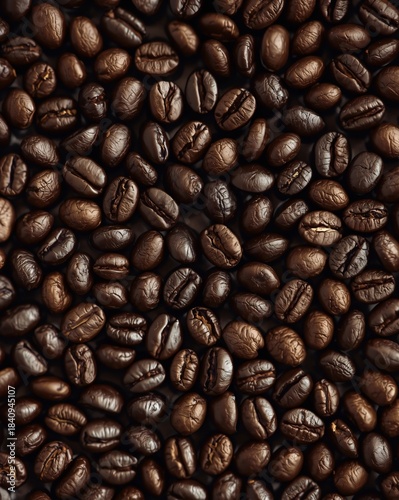 A close-up view of dark roasted coffee beans with rich texture and glossy surfaces.