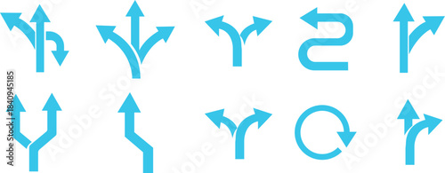 Way Direction Arrow Sign Icon set. Road navigation arrows. Driving direction mark, location point crossroad. Way direction arrow sign. Vector illustration. Traffic way icon isolated Road arrow.