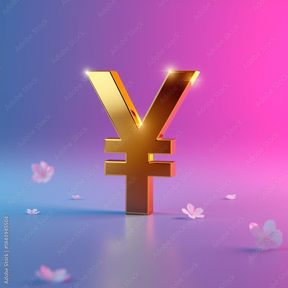 Fototapeta premium A golden 3D yen symbol stands on a pink surface with cherry blossoms and a pink-blue gradient background.