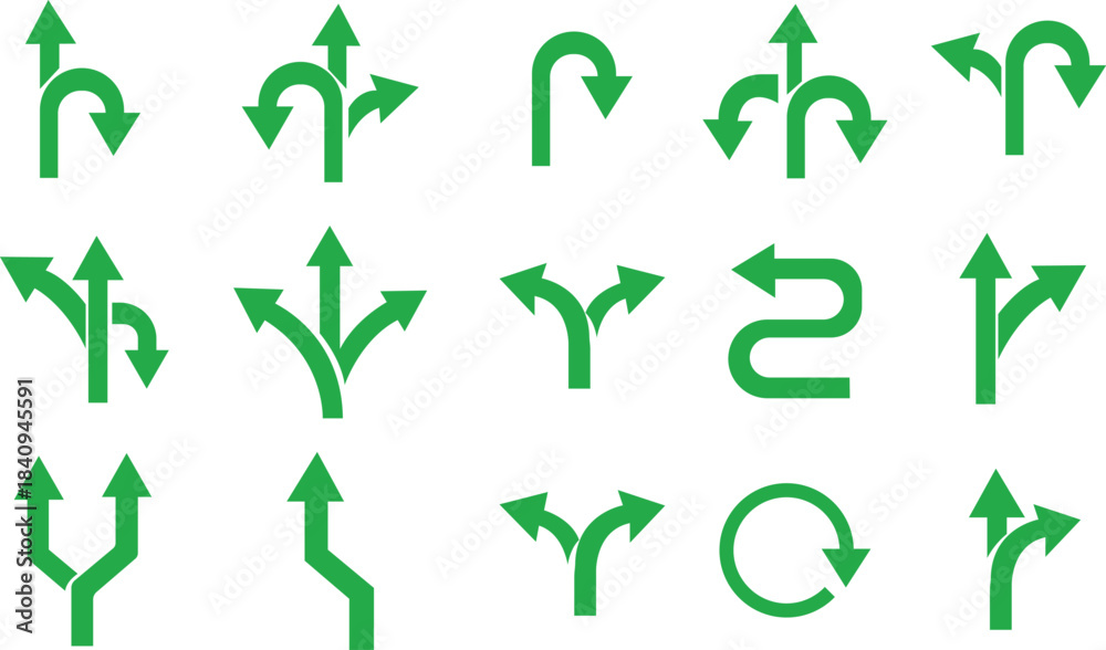 Obraz premium Way Direction Arrow Sign Icon set. Road navigation arrows. Driving direction mark, location point crossroad. Way direction arrow sign. Vector illustration. Traffic way icon isolated Road arrow.