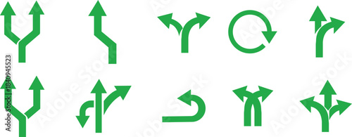 Way Direction Arrow Sign Icon set. Road navigation arrows. Driving direction mark, location point crossroad. Way direction arrow sign. Vector illustration. Traffic way icon isolated Road arrow.