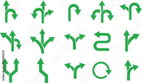 Way Direction Arrow Sign Icon set. Road navigation arrows. Driving direction mark, location point crossroad. Way direction arrow sign. Vector illustration. Traffic way icon isolated Road arrow.