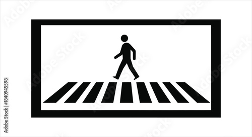 Pedestrian crossing traffic sign in black and white, indicating safety and caution