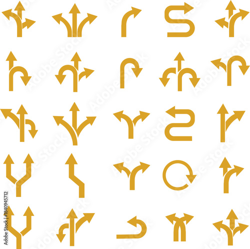 Way Direction Arrow Sign Icon set. Road navigation arrows. Driving direction mark, location point crossroad. Way direction arrow sign. Vector illustration. Traffic way icon isolated Road arrow.