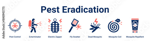 Pest Eradication web banner icon vector illustration concept for health and medical with icon of Pest Control, Exterminator, Electric Zapper, Fly Swatter, Dead Mosquito, Mosquito Coil.