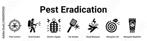 Pest Eradication web banner icon vector illustration concept for health and medical with icon of Pest Control, Exterminator, Electric Zapper, Fly Swatter, Dead Mosquito, Mosquito Coil.