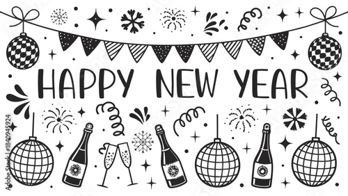 Detailed Vector Illustration Composed of Black Silhouettes. Versatile for Festive Events, Party Designs & Decor.