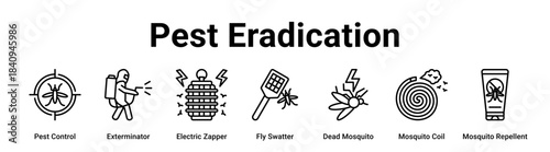 Pest Eradication web banner icon vector illustration concept for health and medical with icon of Pest Control, Exterminator, Electric Zapper, Fly Swatter, Dead Mosquito, Mosquito Coil.