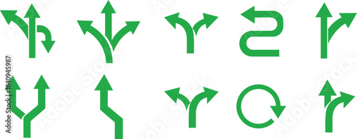 Way Direction Arrow Sign Icon set. Road navigation arrows. Driving direction mark, location point crossroad. Way direction arrow sign. Vector illustration. Traffic way icon isolated Road arrow.