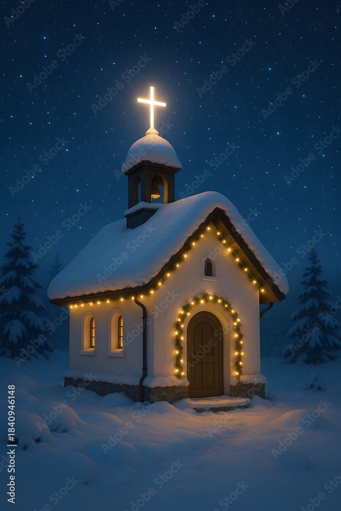 Fototapeta premium Snow-covered chapel adorned with glowing string lights, bright cross illuminated against dark starry night sky, nestled among snow-covered pine trees in winter landscape
