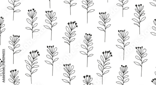 Elegant black line drawings of slender plant stems arranged in a repeating pattern across a white background perfect for seamless botanical wallpaper design.