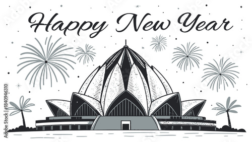 A detailed black silhouette vector showing the Lotus Temple in New Delhi surrounded by fireworks and stars on white background. The message “Happy New Year” appears gracefully above the petals.