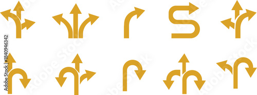 Way Direction Arrow Sign Icon set. Road navigation arrows. Driving direction mark, location point crossroad. Way direction arrow sign. Vector illustration. Traffic way icon isolated Road arrow.