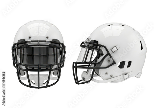 Two white football helmets isolated on transparent background