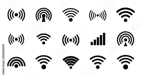 Collection of various black wifi signal strength icons on a white background
