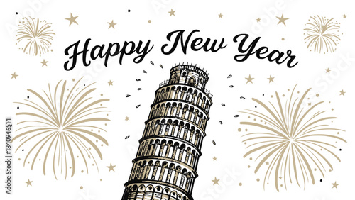 A detailed black silhouette vector illustration of the Leaning Tower of Pisa decorated with fireworks and stars on white background, with “Happy New Year” elegantly written above, blending Italy’s his