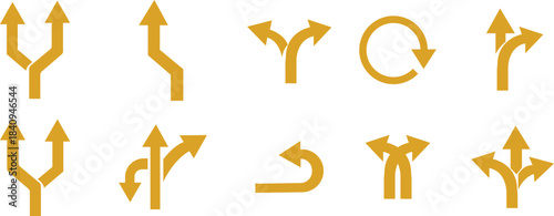 Way Direction Arrow Sign Icon set. Road navigation arrows. Driving direction mark, location point crossroad. Way direction arrow sign. Vector illustration. Traffic way icon isolated Road arrow.