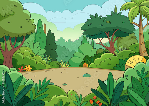 Lush cartoon jungle clearing with dense green foliage and trees