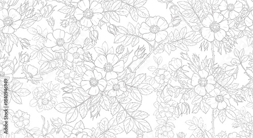 Delicate floral lace pattern covers the surface with intricate interwoven blossoms and leaves creating airy texture that exudes timeless elegance for fashion.