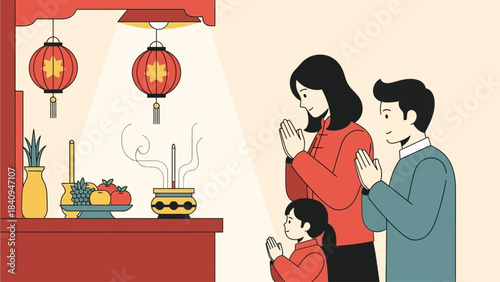 A serene flat design illustration depicting an Asian family respectfully offering prayers or incense at a home altar during Chinese New Year. 
