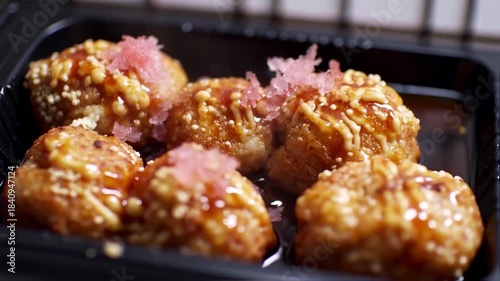Delicious Takoyaki Balls with Savory Sauce and Pink Ginger Topping in a Black Tray.