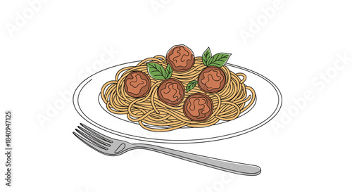 Plate of spaghetti with meatballs and fresh basil on a white plate beside a shiny fork for a comforting italian family meal tonight.