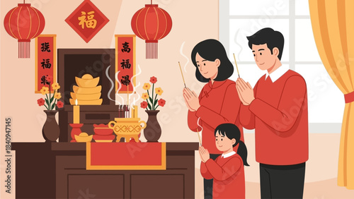 A serene flat design illustration depicting an Asian family respectfully offering prayers or incense at a home altar during Chinese New Year. 
