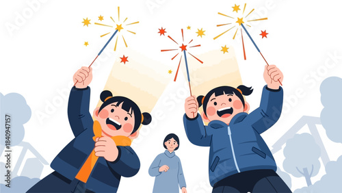 A lively flat design illustration showing Asian children happily playing with stylized, safe firecrackers or sparklers during Chinese New Year celebrations.