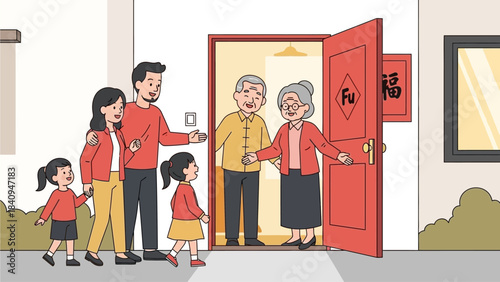 This flat design vector illustration depicts an Asian family arriving at their grandparents' home, receiving a warm welcome for Chinese New Year. It beautifully captures the essence of family reunion 