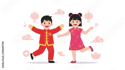 A vibrant flat design illustration capturing the excitement of Asian children proudly showcasing their new, traditional Chinese New Year clothes. 